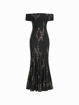 Cider - Mesh Floral Women's Off-Shoulder Ruched Mermaid Maxi Dress Black