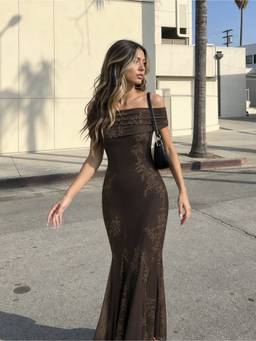 Cider - Mesh Floral Women's Off-Shoulder Ruched Mermaid Maxi Dress Brown