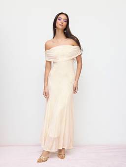 Cider - Mesh Floral Women's Off-Shoulder Ruched Mermaid Maxi Dress Cream