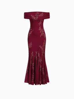 Cider - Mesh Floral Women's Off-Shoulder Ruched Mermaid Maxi Dress Wine