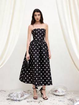 Cider - Sculptural Bandeau Women's Polka Dot Shirred Maxi Dress Black
