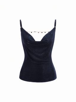Cider - Chain Detail Women’s Cowl Neck Backless Cami Top Navy Blue