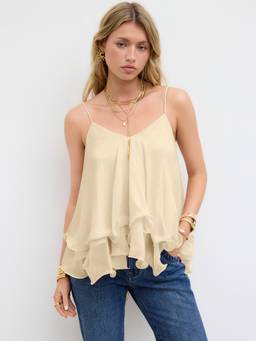 Cider - Ruffle Hem Women's Layered Mesh Cami Top Beige