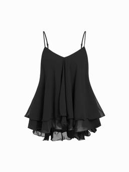 Cider - Ruffle Hem Women's Knotted Layered Mesh Cami Top Black