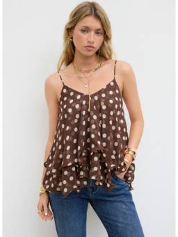Cider - Ruffle Hem Women's Polka Dot Tie-Up Cami Top Brown