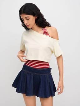 Cider - Cotton Blend Women Asymmetrical Halter Neck Striped Top Beige