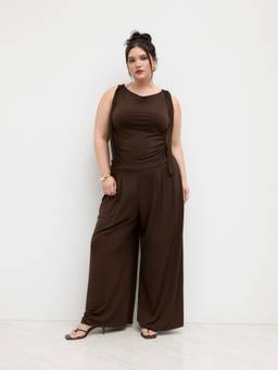 Cider - Knotted Ruched Women's Boat Neck Pant Set Brown