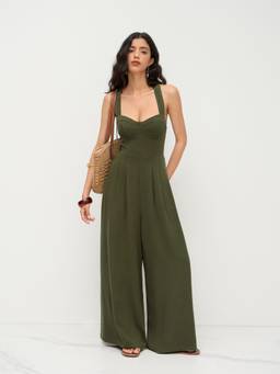 Cider - Linen Blend Women's Square Neck Criss Cross Pleated Jumpsuit Green
