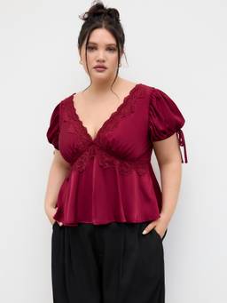 Cider - Satin Women's V-Neck Lace Trim Puff Sleeve Top Wine