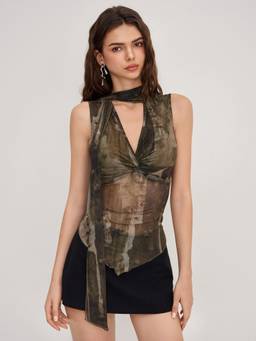 Cider - Mesh Floral Women's Twist Lettuce Trim Tank Top Olive