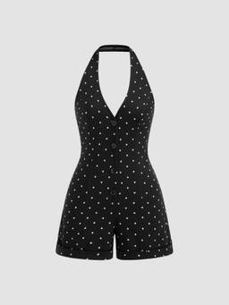 Cider - Jacquard Women's V-Neck Geometric Button Romper Black