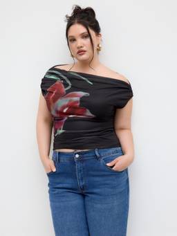 Cider - Mesh Women's Floral Ruched Asymmetrical Neck Top Black