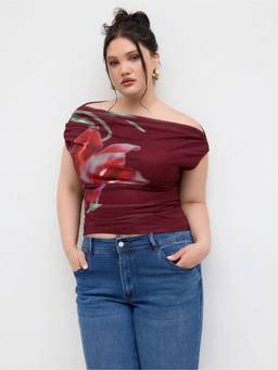 Cider - Mesh Women Floral Ruched Asymmetrical Neck Top Wine