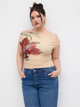 Cider - Mesh Women's Floral Ruched Asymmetrical Neck Top Yellow