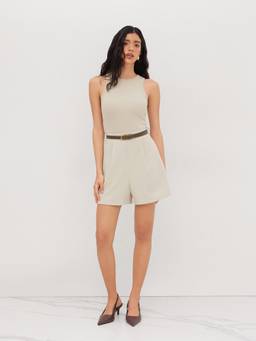 Cider - Pocket Belted Women's Round Neck Sleeveless Playsuit Beige