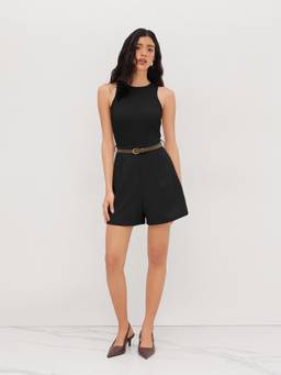 Cider - Women's Belted Round Neck Pocket Playsuit Black