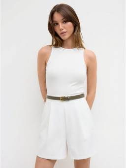 Cider - Women's Sleeveless Round Neck Pocket Romper With Belt White