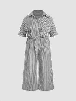 Cider - Cotton Blend Women's Striped Knotted Collar Jumpsuit Black
