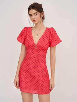 Cider - Polka Dot Women's V-Neck Puff Sleeve Mini Dress Red