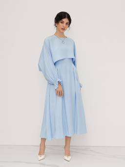 Cider - Cotton Blend Women's Ruffle Round Neck Maxi Dress Blue