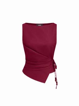 Cider - Linen Blend Women Beaded Ruched Knotted Tank Top Burgundy
