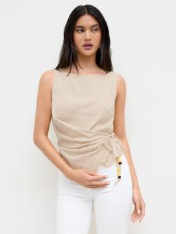 Cider - Beaded Knotted Women's Ruched Linen Blend Tank Top Cream