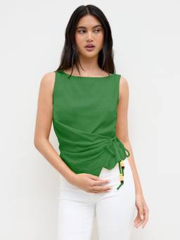 Cider - Beaded Knotted Women Ruched Tank Top Green