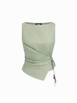 Cider - Linen Blend Women Beaded Ruched Tie-Up Tank Top Green