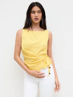 Cider - Linen-Blend Women Beaded Ruched Tank Top Yellow