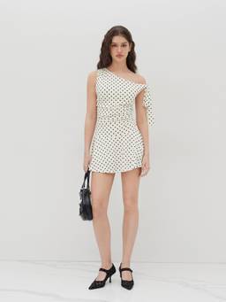 Cider - Polka Dot Women's Ruched Asymmetrical Neck Playsuit White