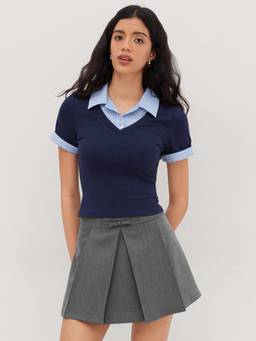 Cider - Two Tone Women's Striped Collar Short Sleeve Shirt Navy Blue