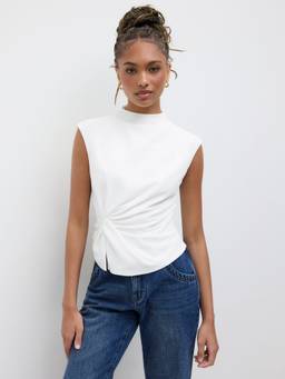 Cider - Twist Split Women’s High Neck Cap Sleeve Top White