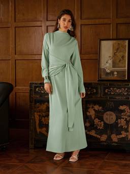 Cider - Satin Women's Ruched Draped Stand Collar Maxi Dress Green