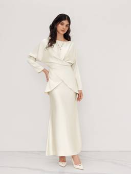 Cider - Satin Women's Boat Neck Asymmetrical Hem Skirt Set Champagne