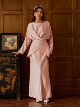 Cider - Satin Women's Boat Neck Asymmetrical Hem Skirt Set Pink