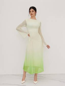 Cider - Gradient Twist Women Ruched Asymmetrical Neck Maxi Dress Yellow