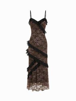 Cider - Lace Floral Women's Ruffled V-Neck Maxi Dress Black