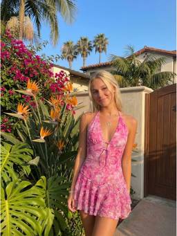 Cider - Lace Women's Floral Halter Neck Layered Mini Dress Pink