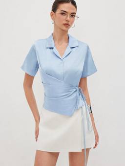 Cider - Satin Collar Women's Knotted Wrap Shirt Light Blue