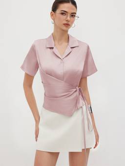 Cider - Satin Collar Women's Knotted Wrap Shirt Pink