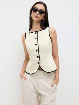 Cider - Linen-Blend Women’s Sleeveless Boat Neck Vest Beige