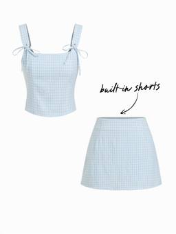 Cider - Gingham Women's Tie-Up Strap Crop Top & Mini Skirt Set Blue
