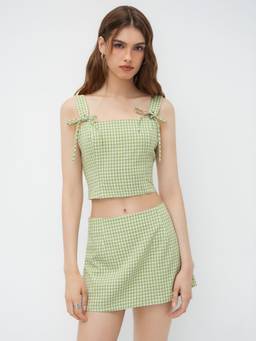 Cider - Gingham Women's Bow Strap Crop Top Skirt Set Green