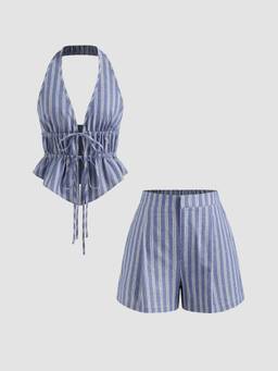 Cider - Cotton Blend Women’s Striped Halter Tie-Up Short Set Sky Blue
