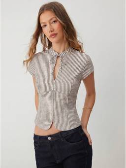 Cider - Linen-Blend Women's Striped Cut-Out Tie-Up Blouse Brown