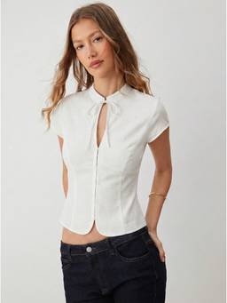 Cider - Linen Blend Women's Stand Collar Tie-Up Cut-Out Blouse White