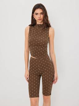 Cider - Cotton Blend Women’s Polka Dot High Neck Co-ord Set Brown