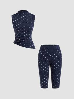 Cider - Cotton Blend Women Polka Dot High Neck Co-ord Set Navy Blue