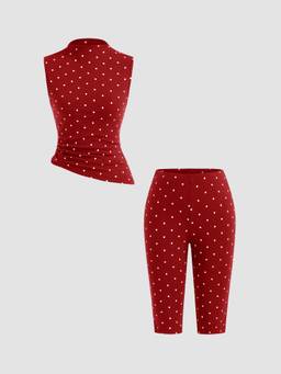 Cider - Cotton Blend Women Polka Dot High Neck Co-ord Set Red