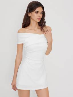 Cider - Criss Cross Women's Off Shoulder Ruched Mini Dress White